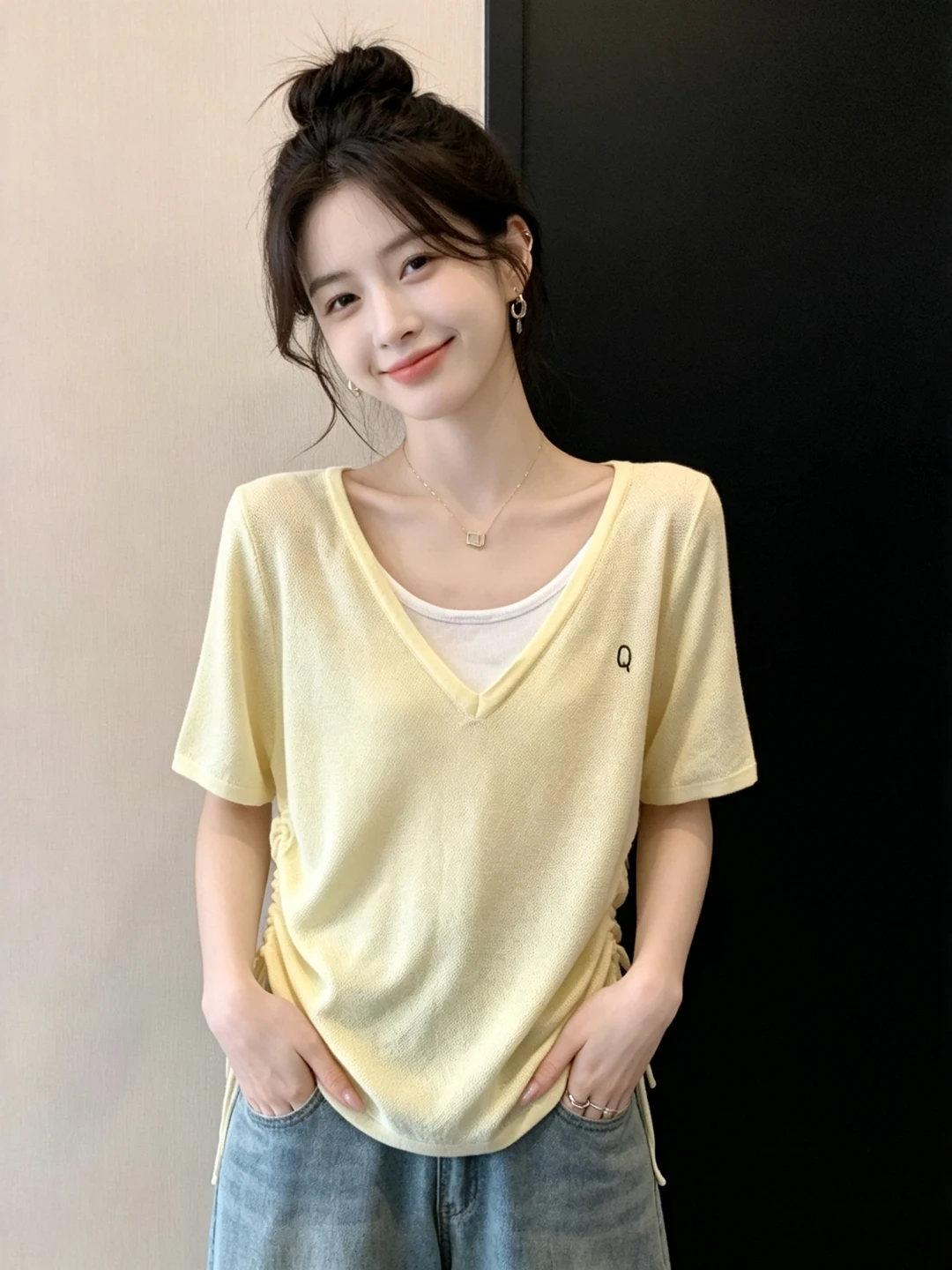 Purple Knitted Short Sleeve T-Shirt Women's Summer Large Size Fat MM Super Beautiful Drawstring Top Commute Style Korean Vers...