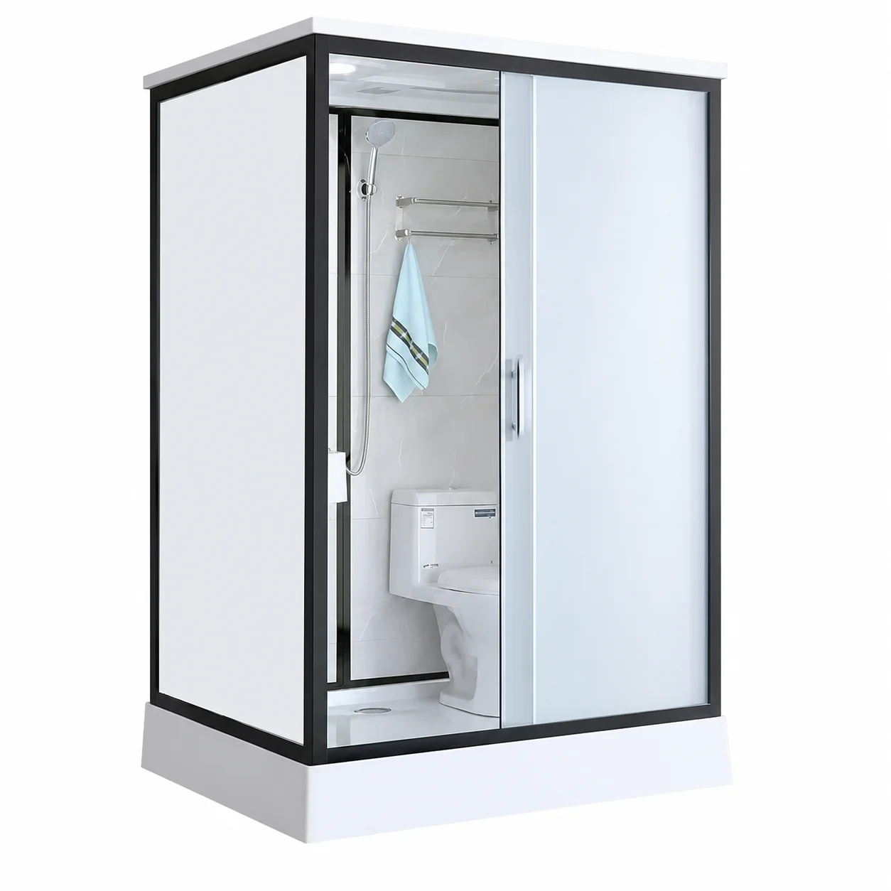 Black Frame Integrated Bathroom, 1.26x1.55x2.15m, with Shower and Toilet, Modern Design, Durable, Easy Installation