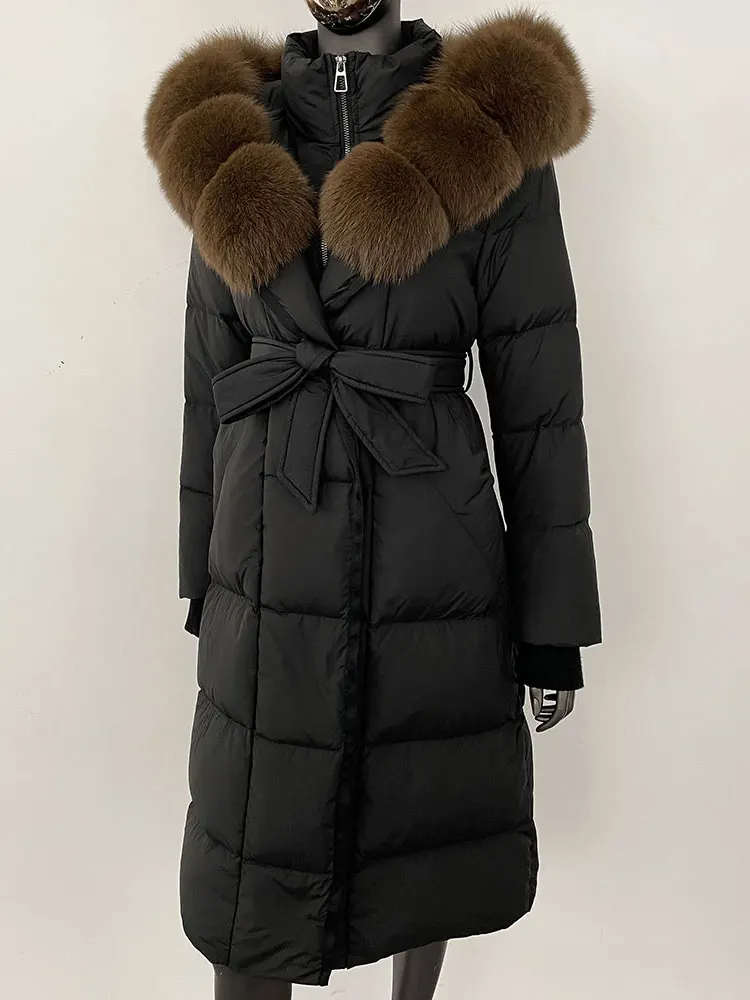 الشتاء النساء الأبيض بطة أسفل معطف 2025 ريال الراكون الثعلب الفراء طوق مقنعين سترة طويلة الطبيعية سميكة الدافئة ملابس خارجية غير رسمية