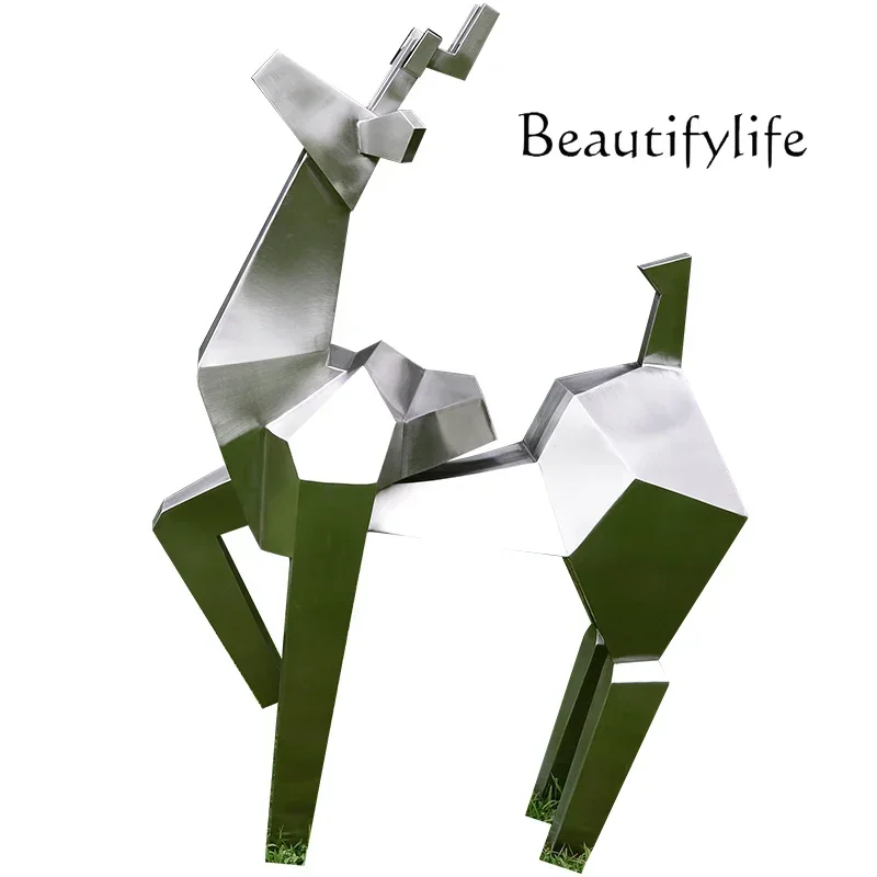 Outdoor stainless steel block surface elk sculpture sales hall art installation hotel garden large floor ornament