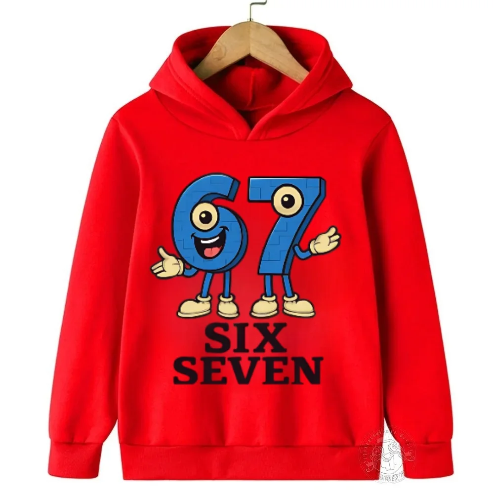 Cute 67 Funny Number Cartoon Character Print Hoodie Kids Boys Girls Pullover Hooded Sweatshirt Casual Children Streetwear Tops