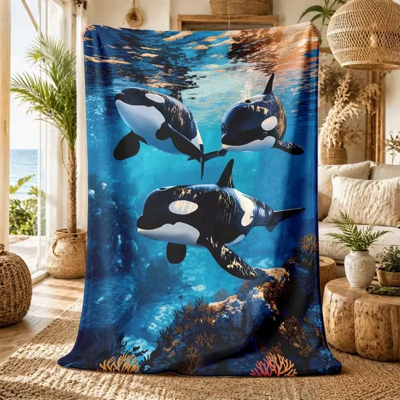 Underwater Orca Killer Whale Print Throw Blanket Blue Seabed Coral Scene Soft Warm Ocean Animal Home Decor Blanket All Season