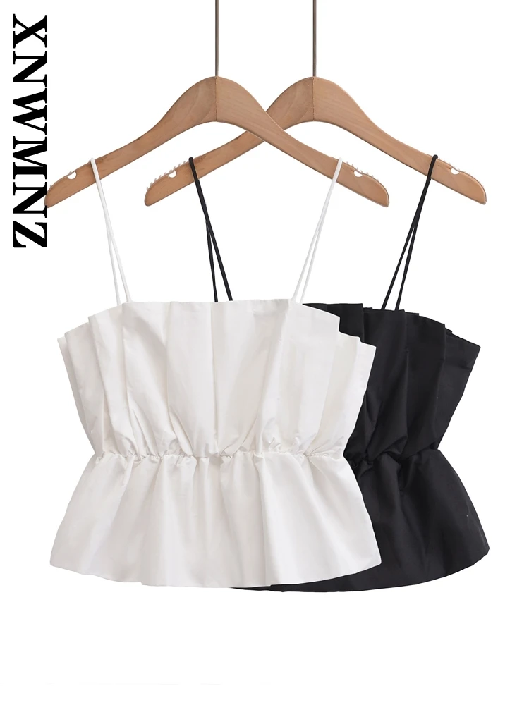 XNWMNZ 2024 New Woman's Summer Sexy Vest Ladylike Fashion Short Sleeveless Thin Camisole Slim Solid Color Ruffles elastic band T