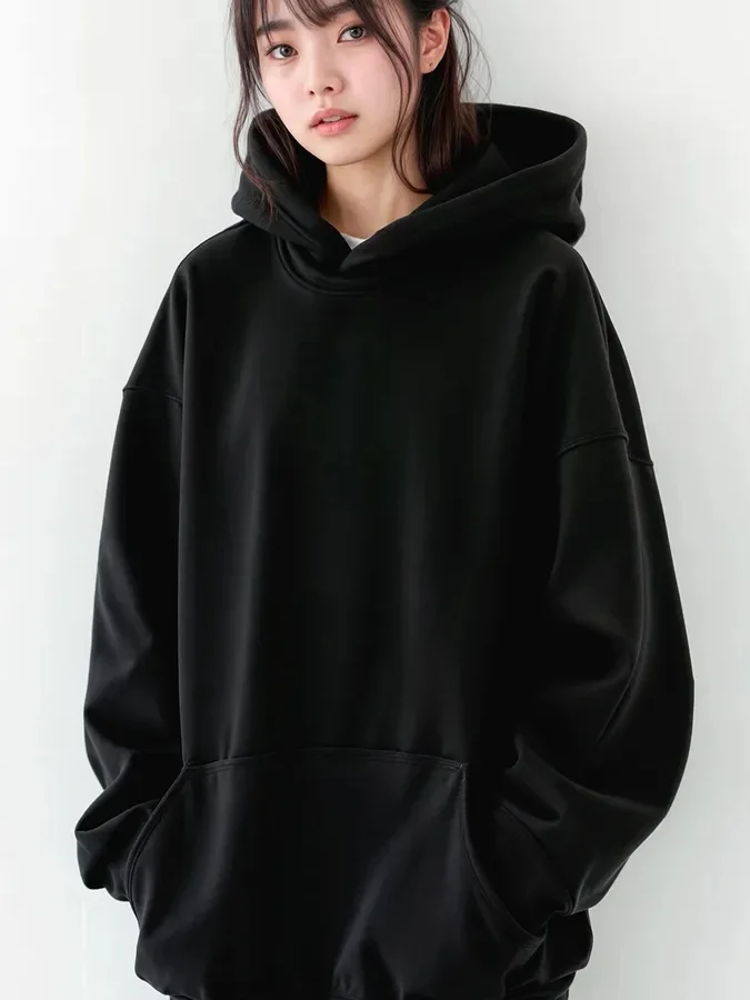 Retro Oversized Hoodie Women's Thickened Fleece Outerwear Commute Print Slimming American Style Trendy Streetwear Long Sleeve