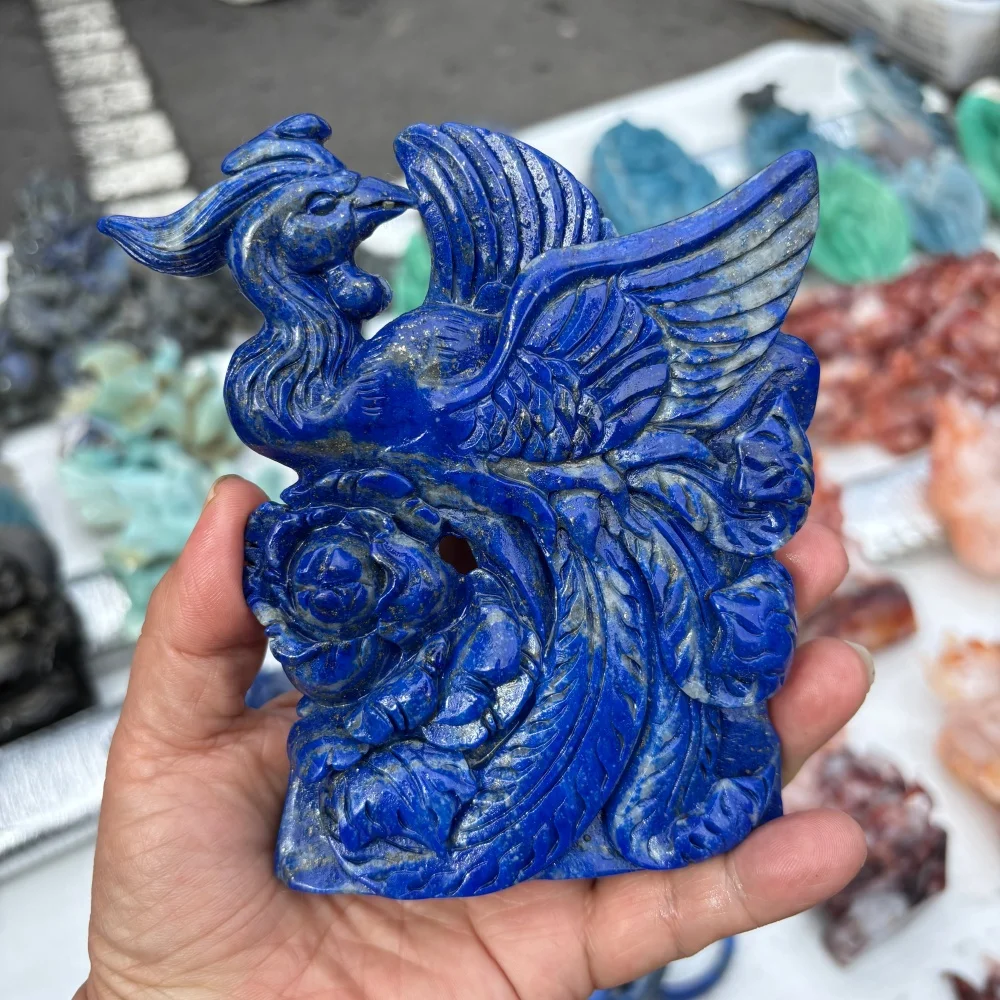 Natural Lapis Lazuli Phoenix Peony Flower Carving Hand Carved Crystal FengHuang Figurine Gemstone Statue Home Desktop Decor Reik