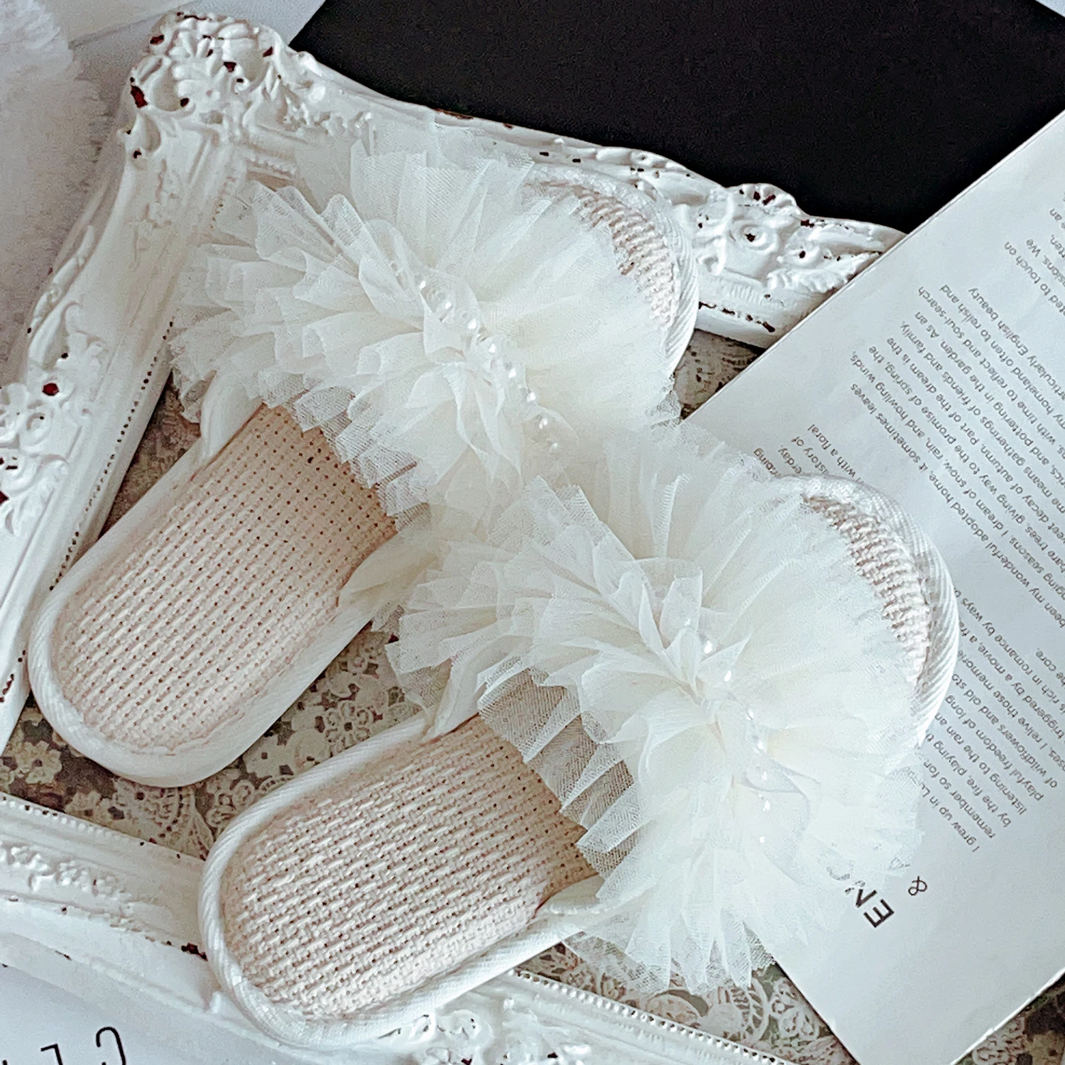 French Romantic Fairy Cake Lace Linen Slippers Women Home Soft Bottom Non Slip Breathable Four Seasons Universal Slippers