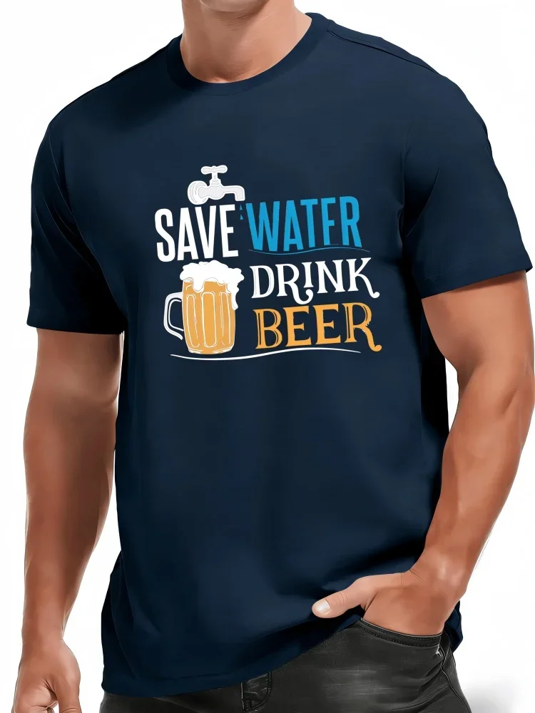 Funny Save Water Drink Beer Graphic T-Shirt Beer Mug Print Short Sleeve Tee Beer Lover Casual Party Daily Tops