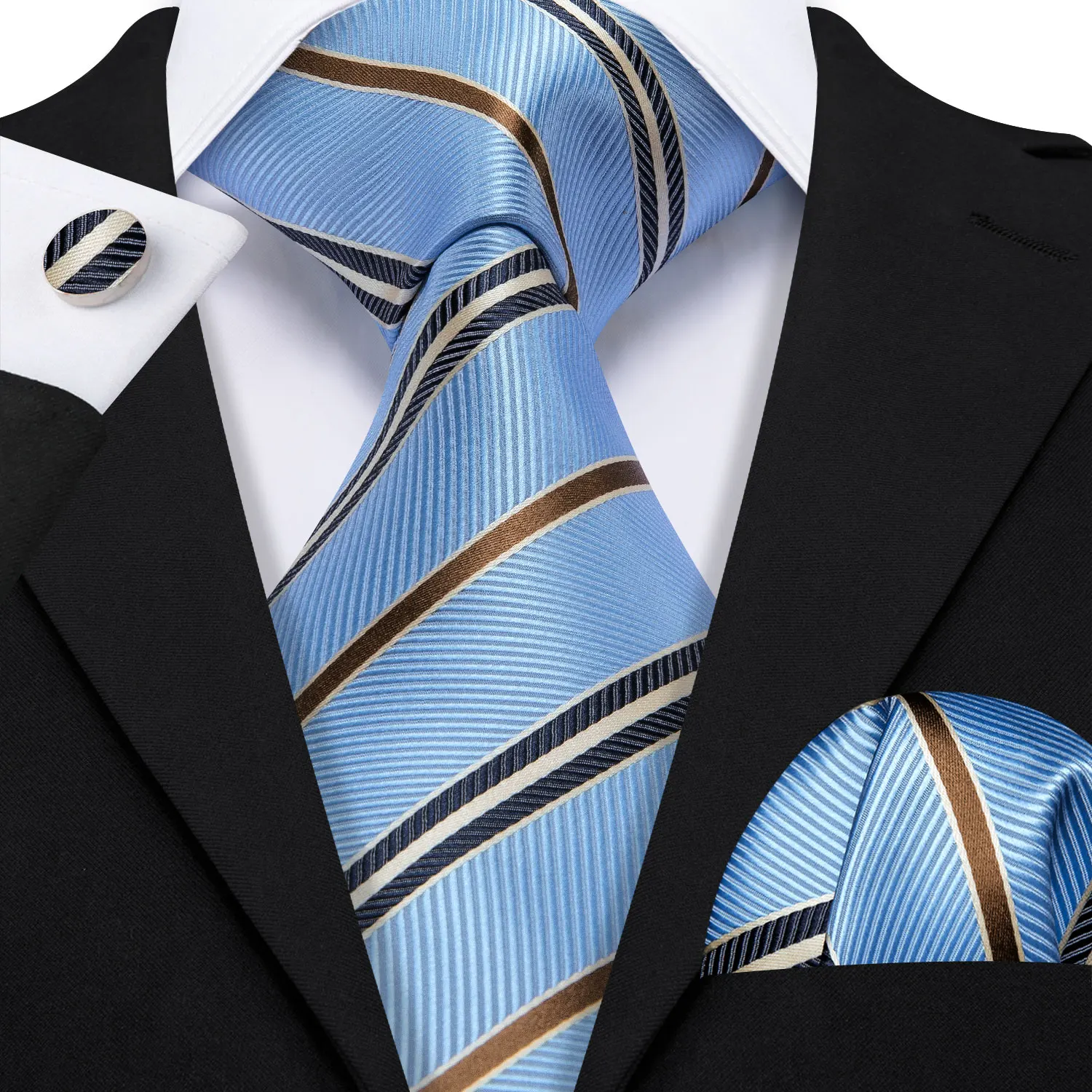Neue blaue Krawatten, hochwertige Herrenmode, klassisches Karomuster, gewebtes Taschentuch, Manschettenknöpfe, Sets, Bräutigam, Hochzeit, Designer – Detail 3
