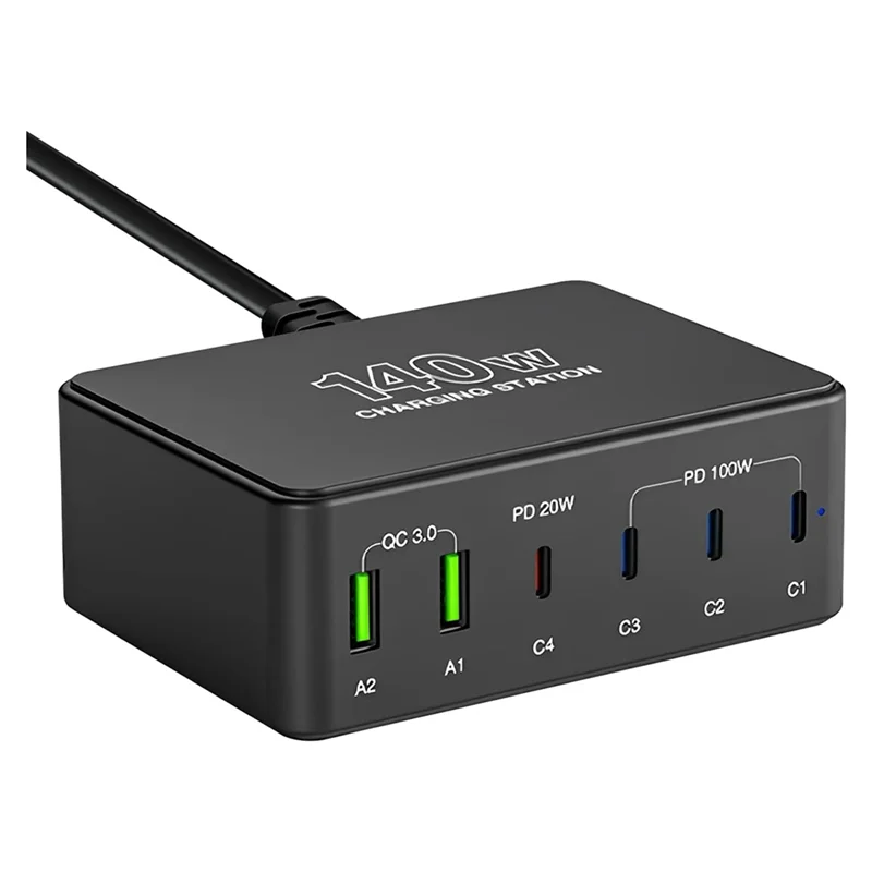 A45U USB Charger 140W PD Fast Charger, Single Port 100W/PD 3.0, Compatible 6 Devices Simultaneously For Phone Laptop