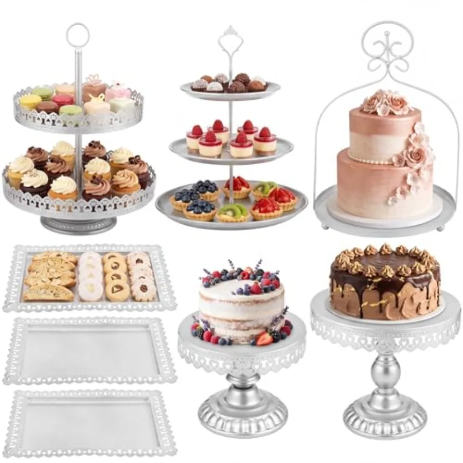 

8 Pcs Cake Stands Set Metal Dessert Table Display Tiered Cupcake Holder Candy Donut Fruit Plate Cake Serving Tray with Handle T