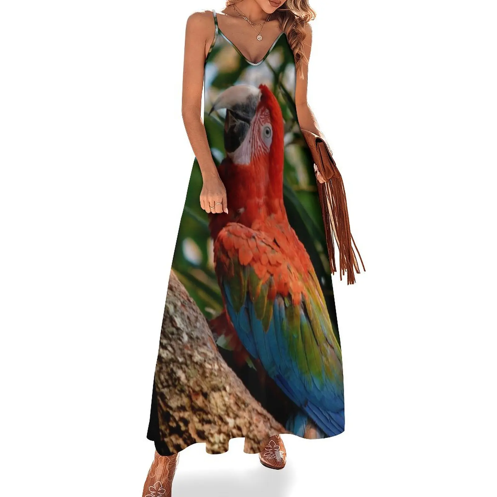 

Ara red-and-green macaw Sleeveless Long Dress bandage dress Elegant gown Dress