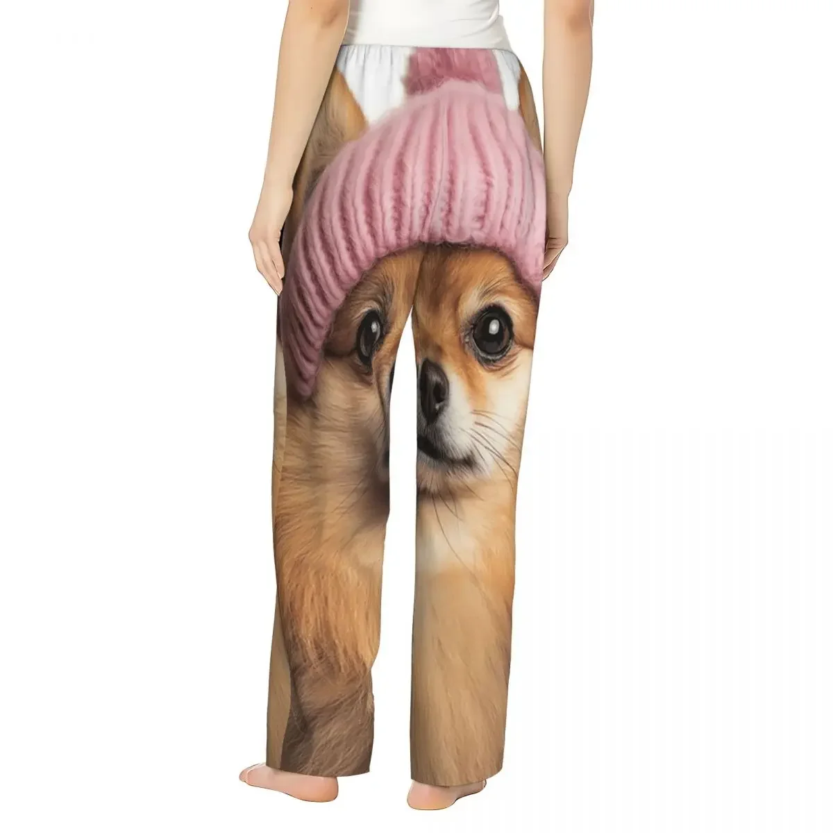 Custom Cozy Pomeranian Dog Wearing Pink Winter Hat Trendy Animal Women Pajama Pants Lounge Sleep Sleepwear Bottoms with Pockets