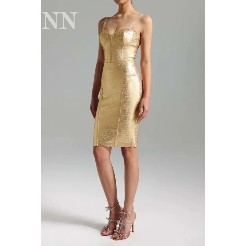 

JONN Sexy Spaghetti Strap Gold Bronzing Bandage Dress Sleeveless Backless Midi Bodycon Dress Elegant Evening Party Gown Women