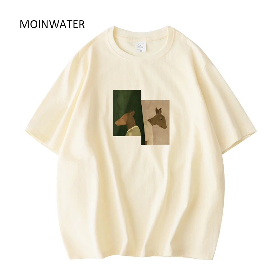 MOINWATER Women New Summer Short Sleeve T shirts Lady Deer Pattern Green Tees Female Khaki T-shirt Tops MT21041