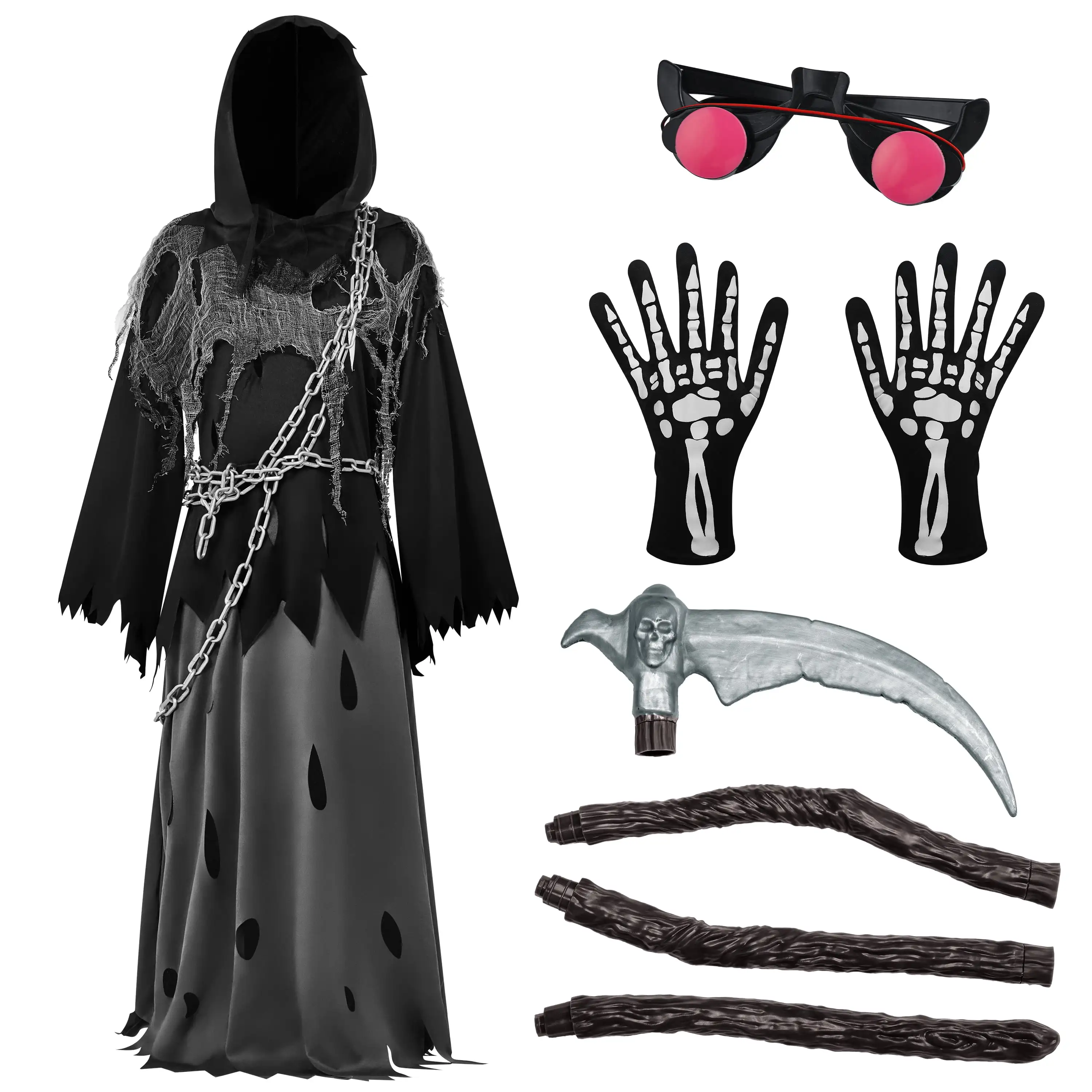 زي Joyfy Child ذو عيون متوهجة Grim Reaper، زي فانتوم للأطفال في الهالوين فستان فاخر من 5 إلى 12 سنة