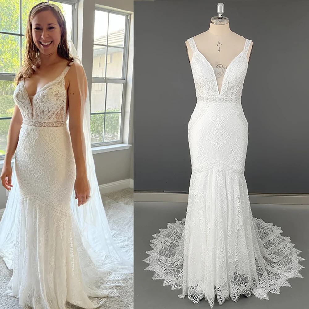 Deep V Neck Open Back Mermaid Wedding Dress Sleeveless Real Photos Customized Boho Beach Rustic Lace Low Cut Chic Bridal Gowns