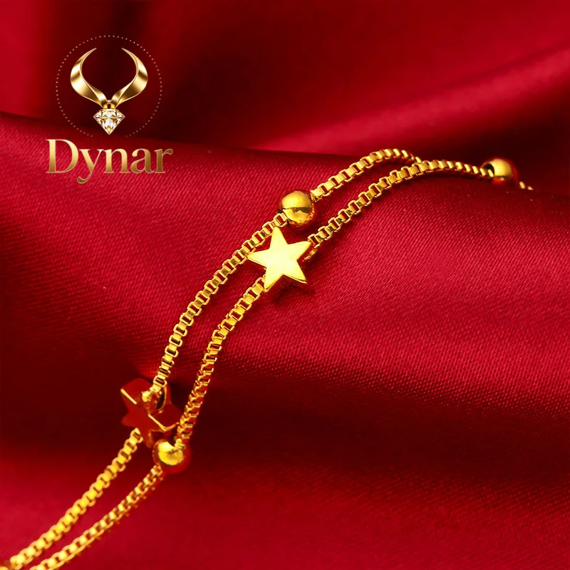 Dynar Jewelry    Star & Bell Anklet for Women, 24K Gold, AU999 | Polished stars & jingling bells on adjustable chain, playful fo
