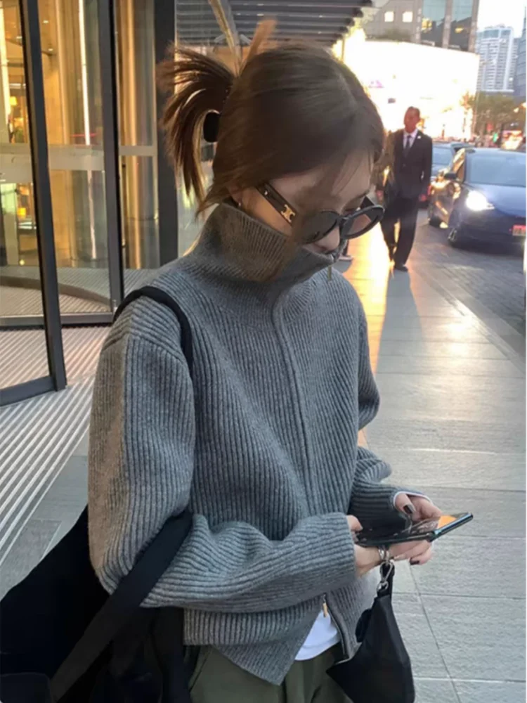 

High-grade 100% cashmere sweater women's autumn and winter loose thickened double zipper sweater cardigan coat