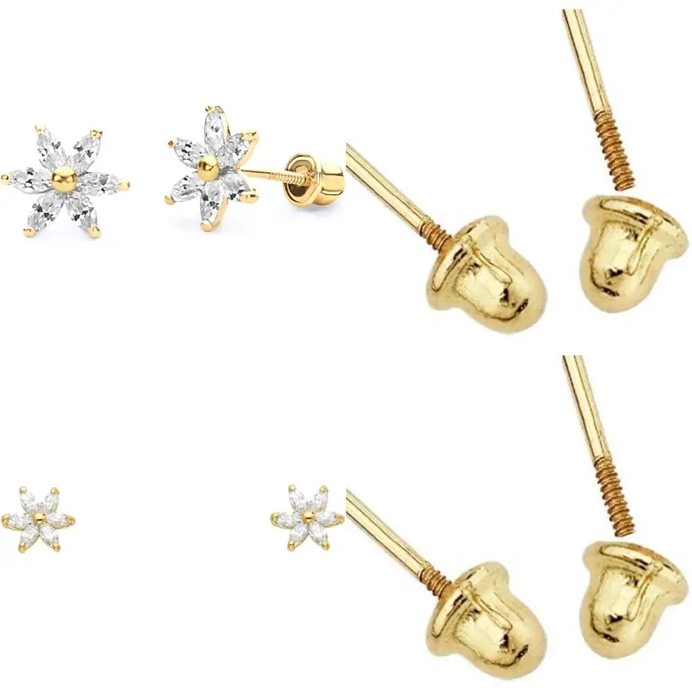 

Real Yellow Gold Flower Stud Earrings with Screw Back - 3 Color Options, Authentic Jewelry