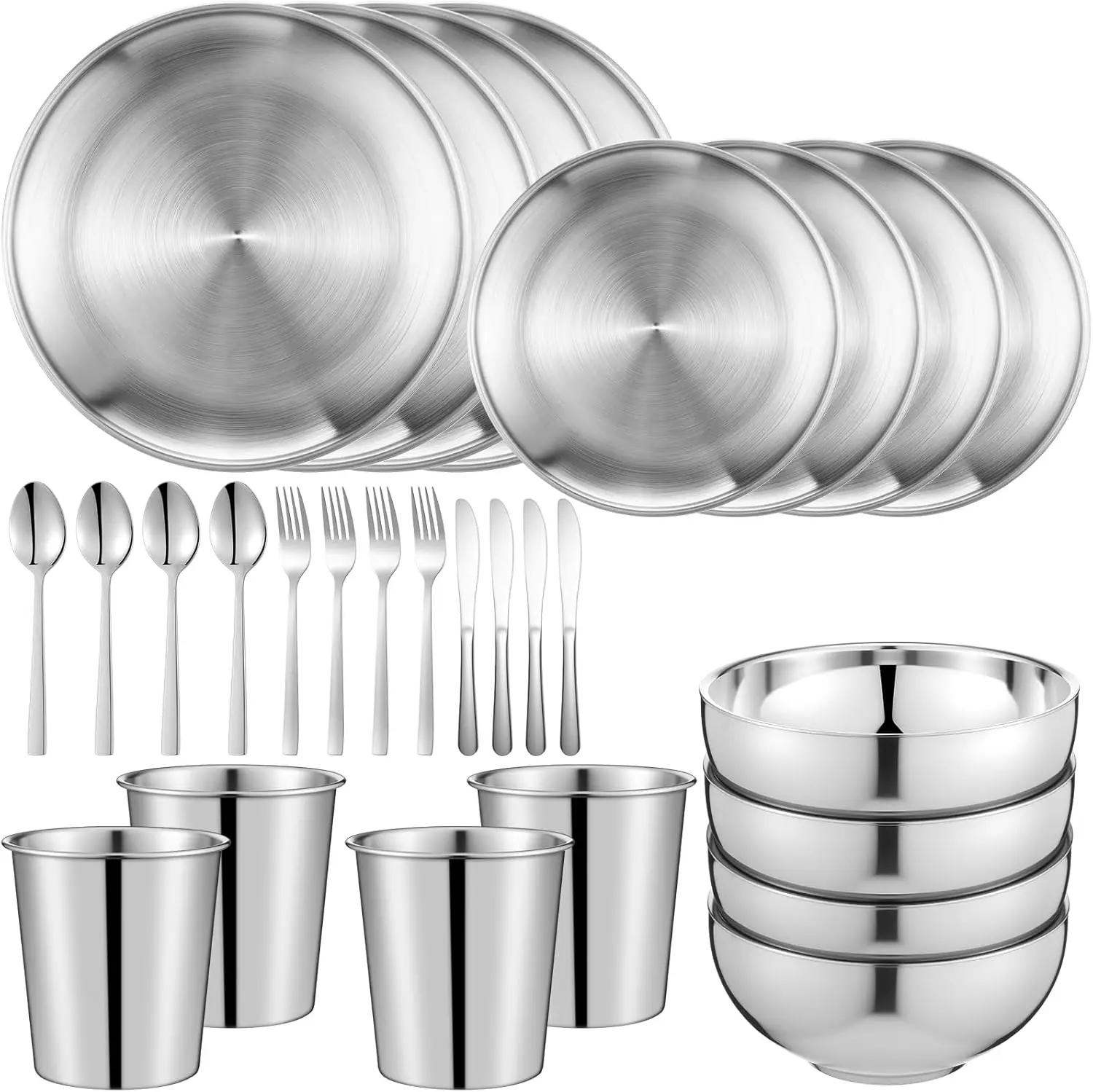 

28 Pcs 304 Stainless Steel Dinnerware Set 10 Inch 7 Inch Stainless Steel Plates Bowls Cups Forks Spoons and Knives Sets Reusable