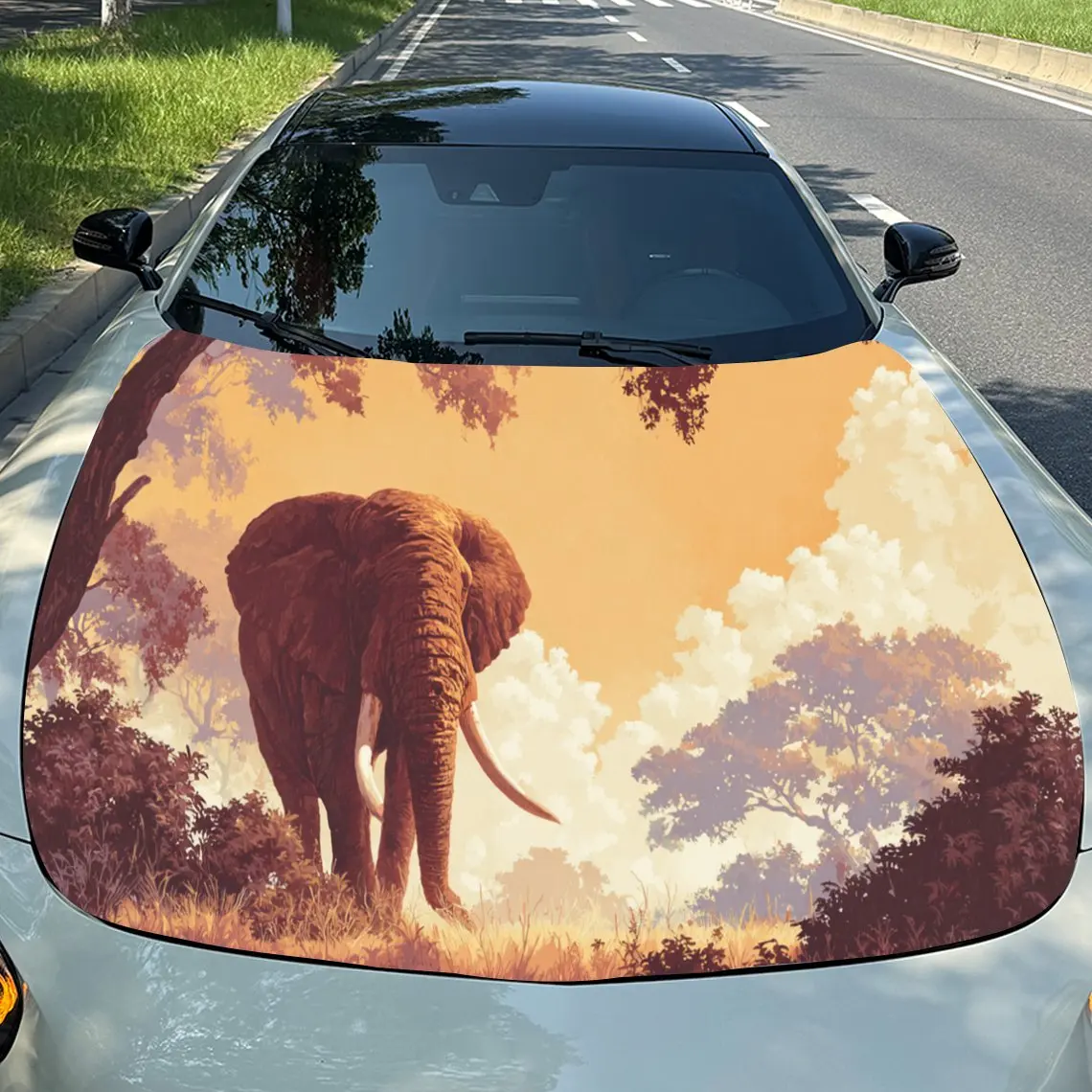 Beautiful Sunset Elephant Car Hood Stickers - Self-Adhesive, Waterproof and Durable Vinyl Wrap, Decorate And Protect Your Car, F