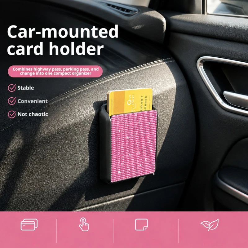 Portable Rhinestone Car Sun Visor Card Holder PU Auto Credit ID Receipt Storage Box, Christmas Halloween Holiday Bling Car Inter