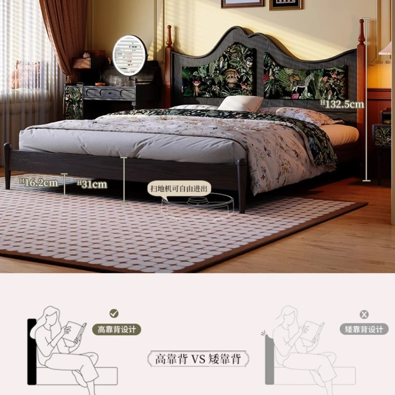 

Black solid wood bed French retro master bedroom premium double bed medium antique ash wood soft bag bed