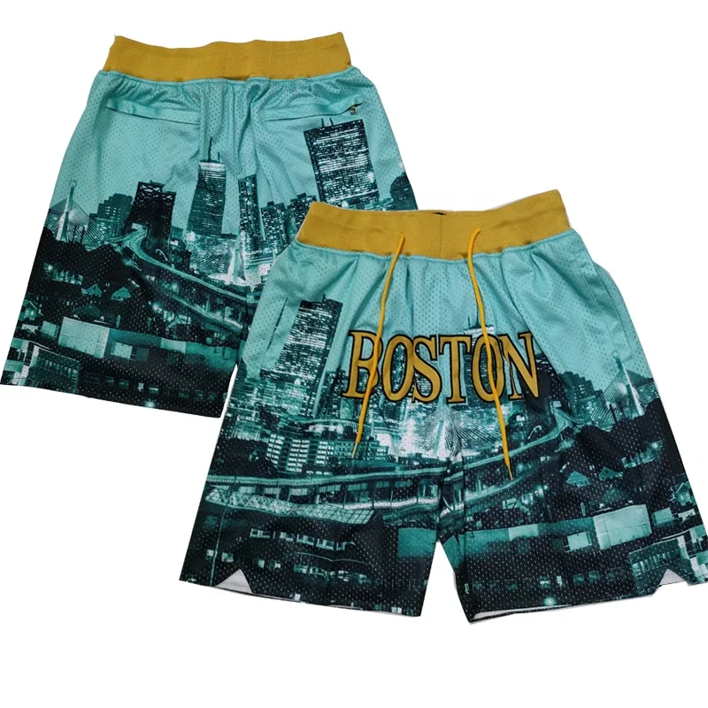 Basketball shorts Boston City Night Scenery Flower Four pockets Sewing embroidery Outdoor sports Beach pants high quality Green