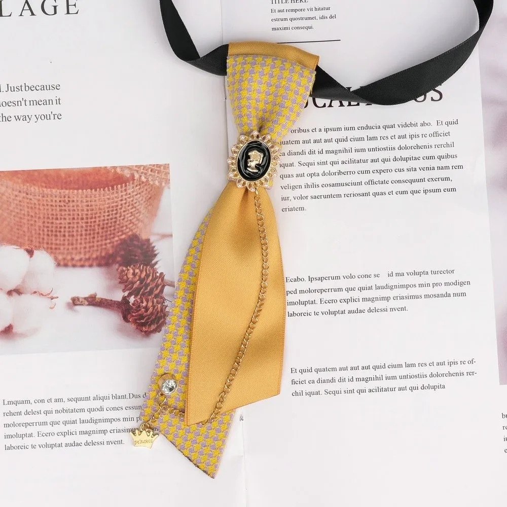 Fashion Y2K Preppy Necktie Oval Adjustable Strap Plaid Bow Tie Rhinestone Chain Multiple Colors Decorative Neck Tie Formal