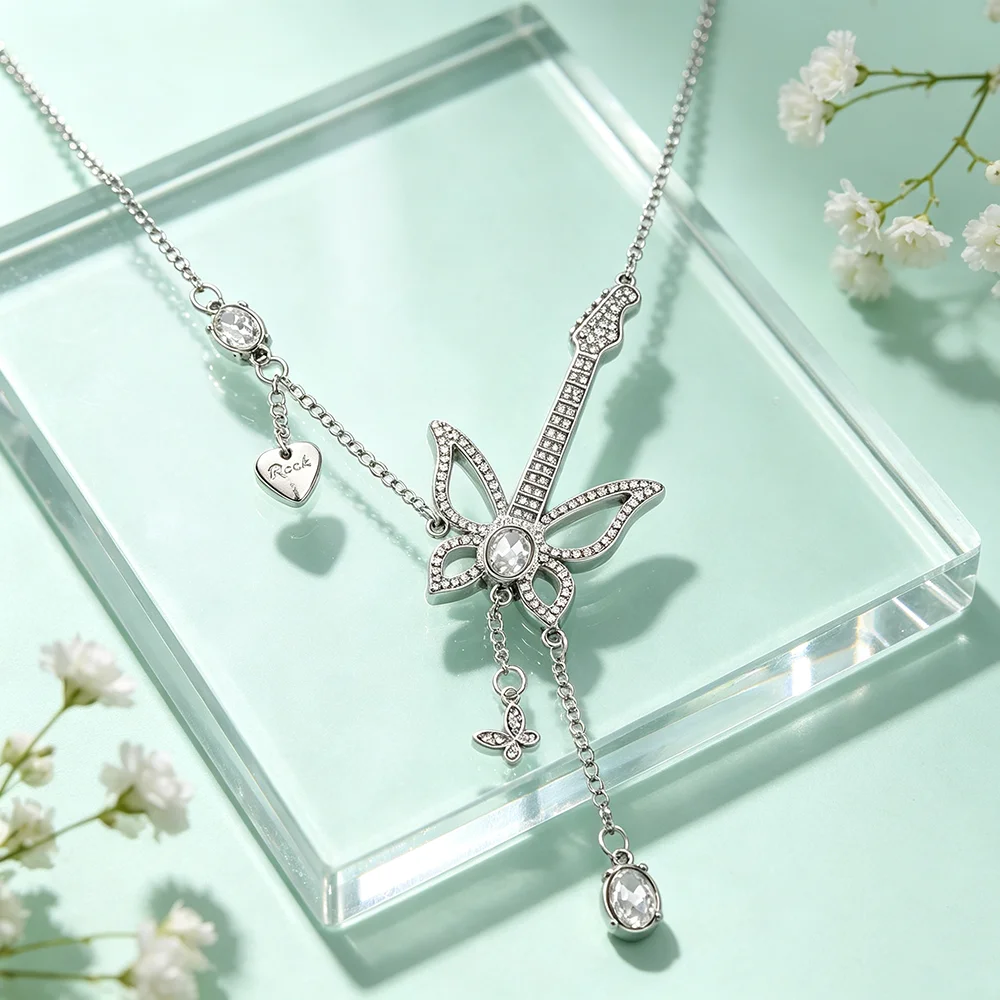 Fashionable Rhinestone Inlay Butterfly And Guitar Charm Pendant Necklace Exquisite Birthday Gift for Girls