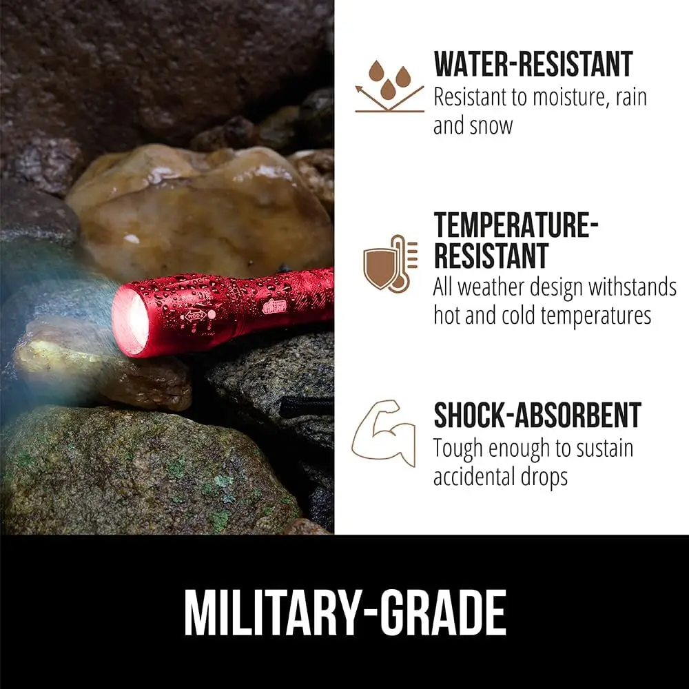 مصباح يدوي تكتيكي LED بقوة 750 قدم لومن عالي، 5 أوضاع، مقاوم للماء، تكبير، صغير، للتخييم، المشي الليلي، عبوتان باللون الأحمر