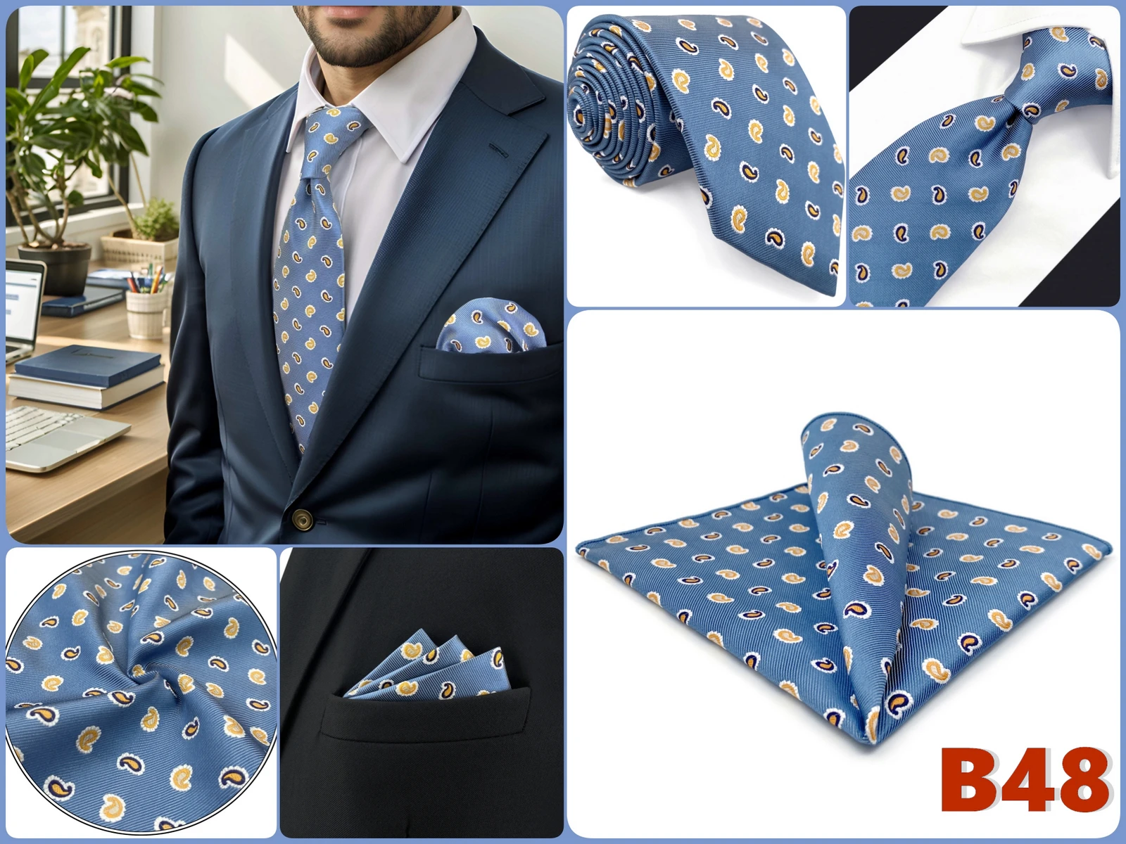 Mens Tie Pocket Square Set Blue Green Classic Business Acceossories Necktie Handkerchief 147cm Paisley Stripes Dots Elegant