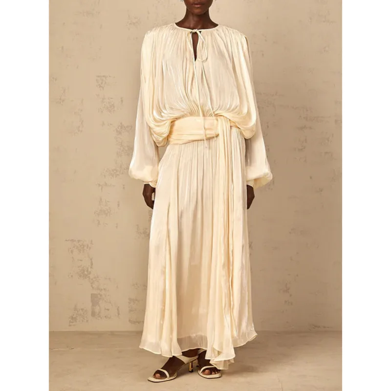 

HUISONG однотонные свободные элегантные платья со складками для женщин, лоскутное платье на шнуровке с круглым вырезом и длинными рукавами, женская мода