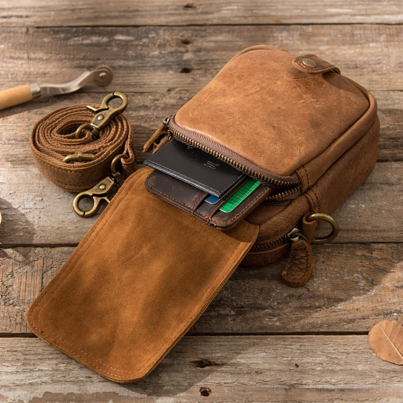 Bag Frosted Leather Men Waist Pack Shoulder Bags Retro Crossbody Mini Casual 2024 Mobile Phone Pocket Men's Handmade Leather