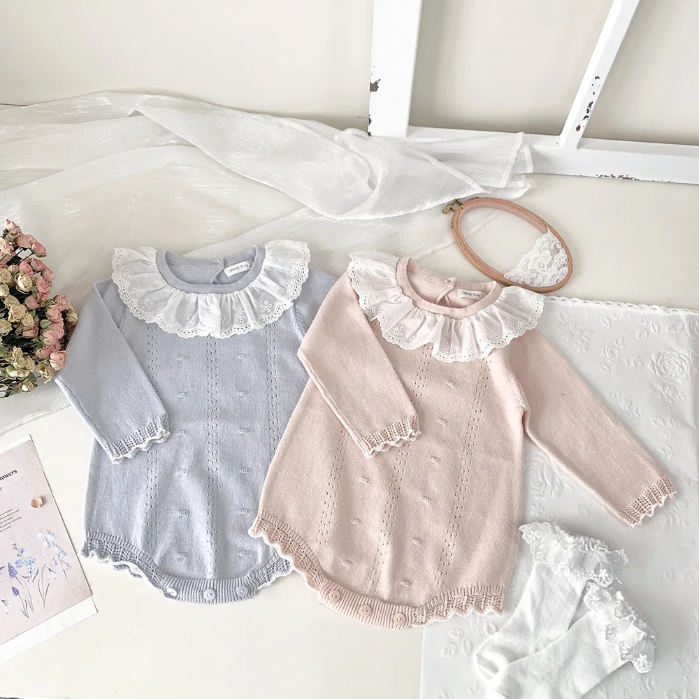 MILANCEL New Autumn Baby Bodysuit 3-24M Sweet Solid Color Girls Toddler Jumpsuit Korean Loose Infant Lace Collar One Piece