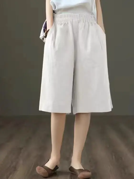 ارتفاع الخصر القطن الكتان خمس نقاط orts المرأة الصيف رقيقة فضفاضة عادية مستقيم الساق السراويل بنطال ذو قصة أرجل واسعة عادية Sle