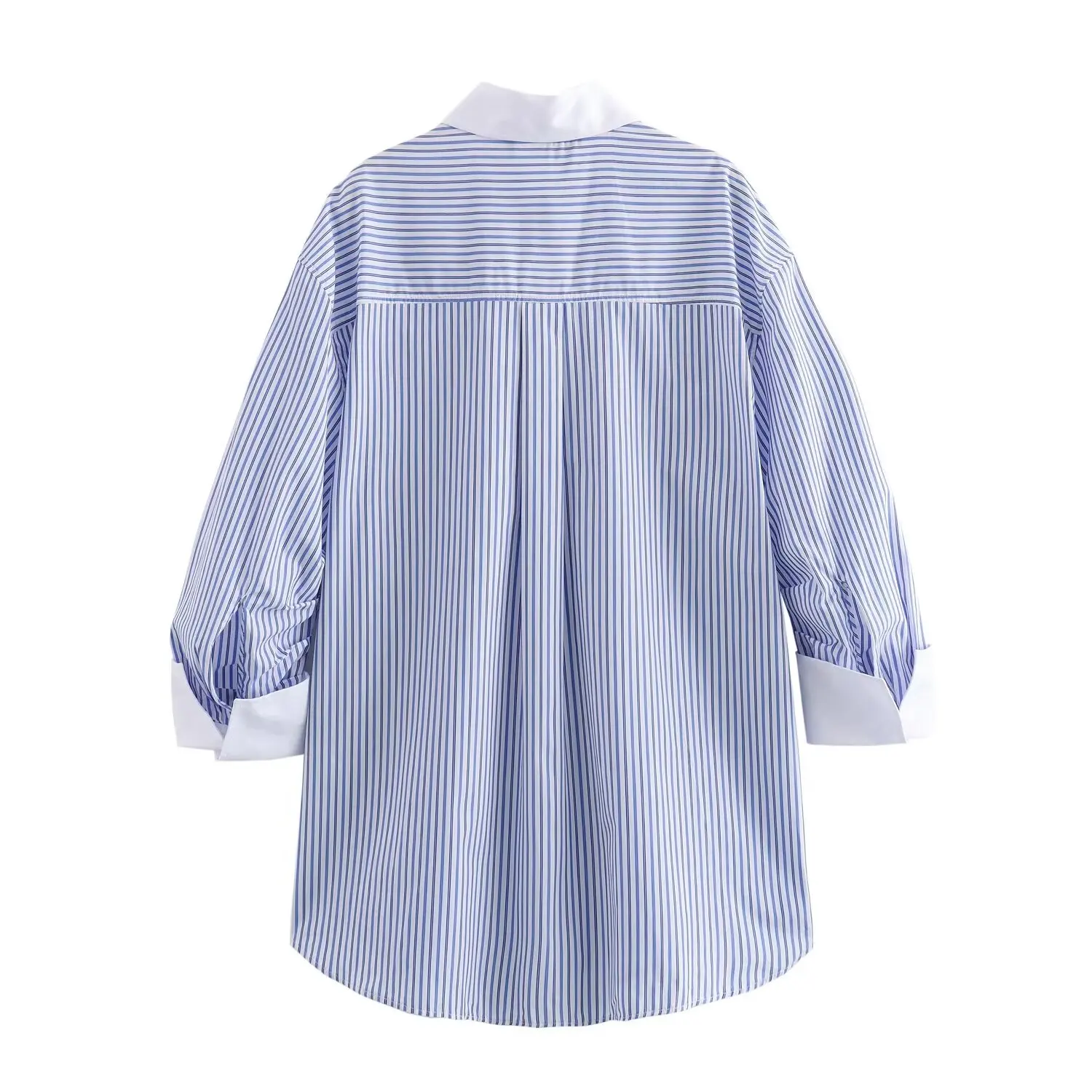 TRAFZA 2024 Summer Casual Women Striped Shirt Pocket Single Breasted Streetwear Folds Loose Shirt Fashion Women Poplin Shirts