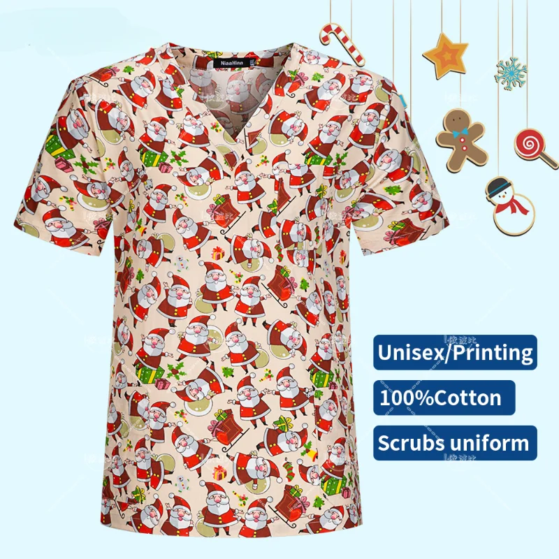 Uniforme de trabajo de clínica de mascotas para mujer, Camiseta con cuello en V, uniforme de enfermera, Top con estampado de copo de nieve de Navidad, Unisex