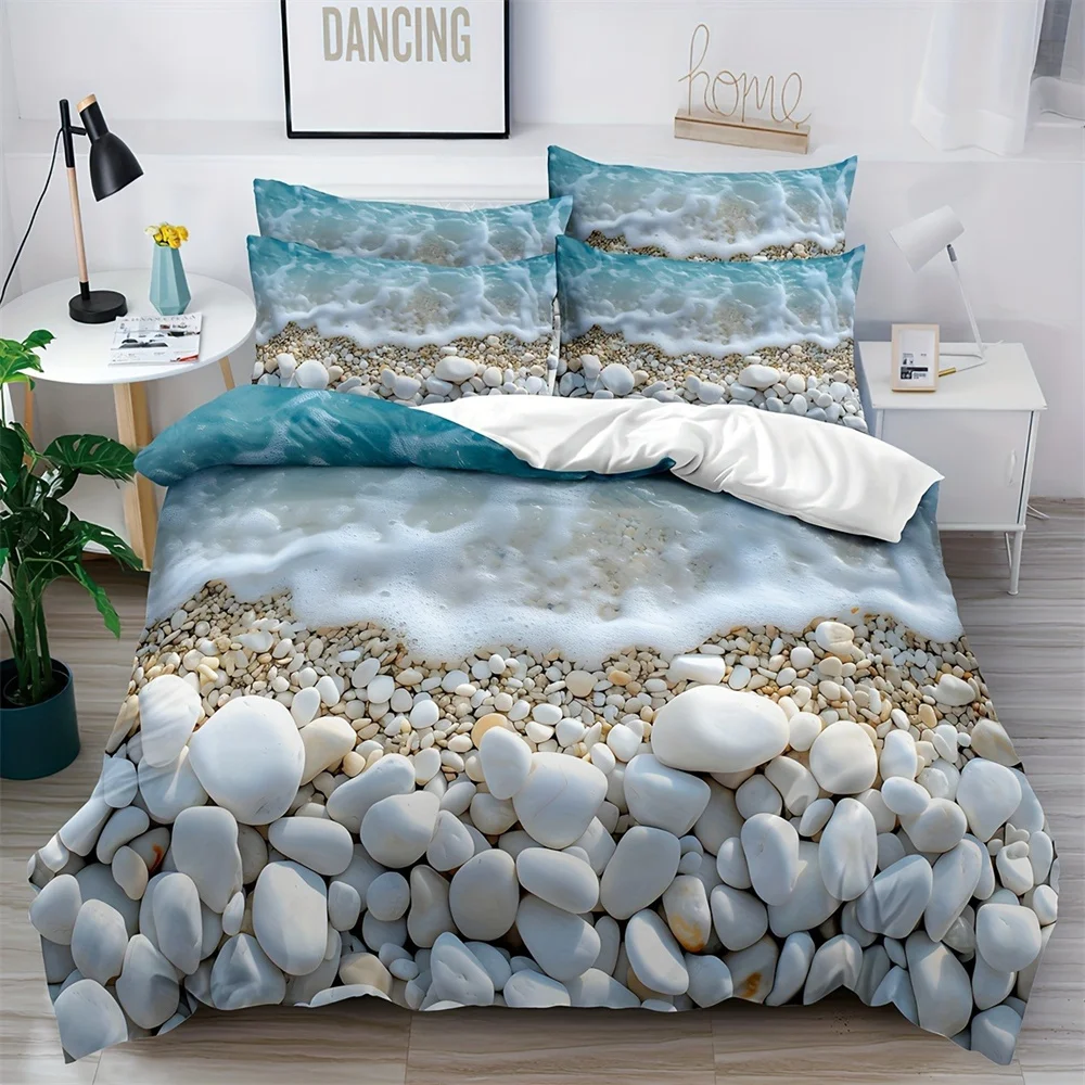 3-teiliges Seaside Oasis Bettbezug-Set – weiche, atmungsaktive, bequeme, am Strand inspirierte Bettwäsche mit Sand- und Meerwasser-Aufdruck