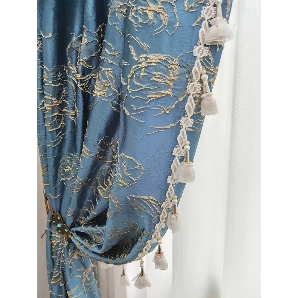 Blue Relief Rose Jacquard Blackout Curtains Custom-Made Thick Living Room Decorative Window Treatment for Bedrooms