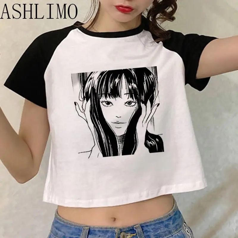 New Anime Ito Junji T-shirt Women Harajuku Kawaii Korea Casual Kawaii Crop Tops Y2K T-shirt White Patchwork T Shirt