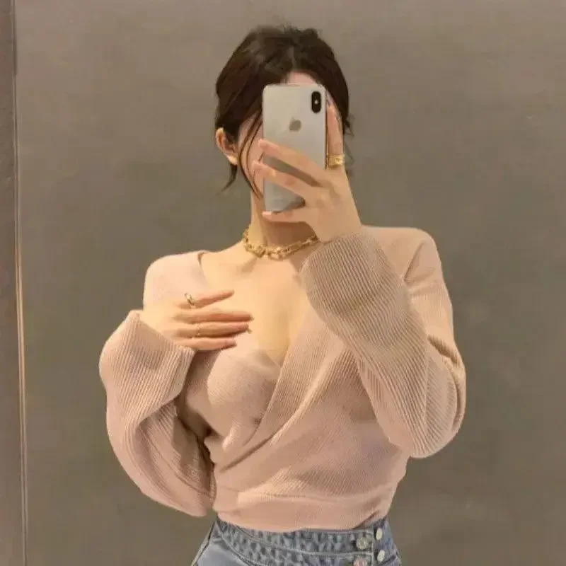 Gidyq Women Pink Knitted Sweaters Korean Fashion Irregular V Neck Pullovers Elegant Office Lady Autumn Solid Casual Jumpers New