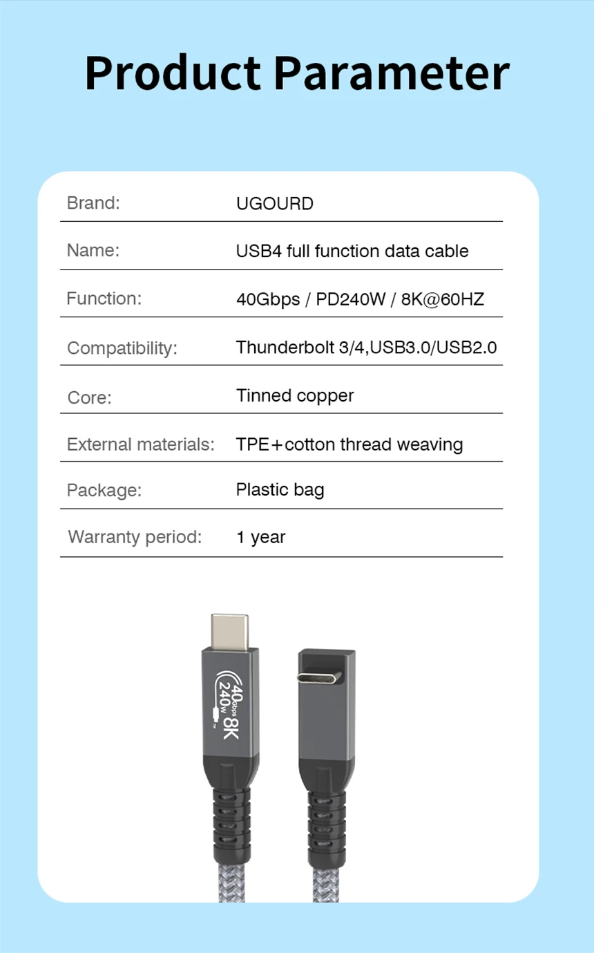 UGOURD USB 4 40Gbps Kabel Thunderbolt4 Typ C Winkelkabel 90 Grad 240W USB-C Kabel 8K Stecker auf Stecker für EGPU SSD Box ACASIS – Detail 11