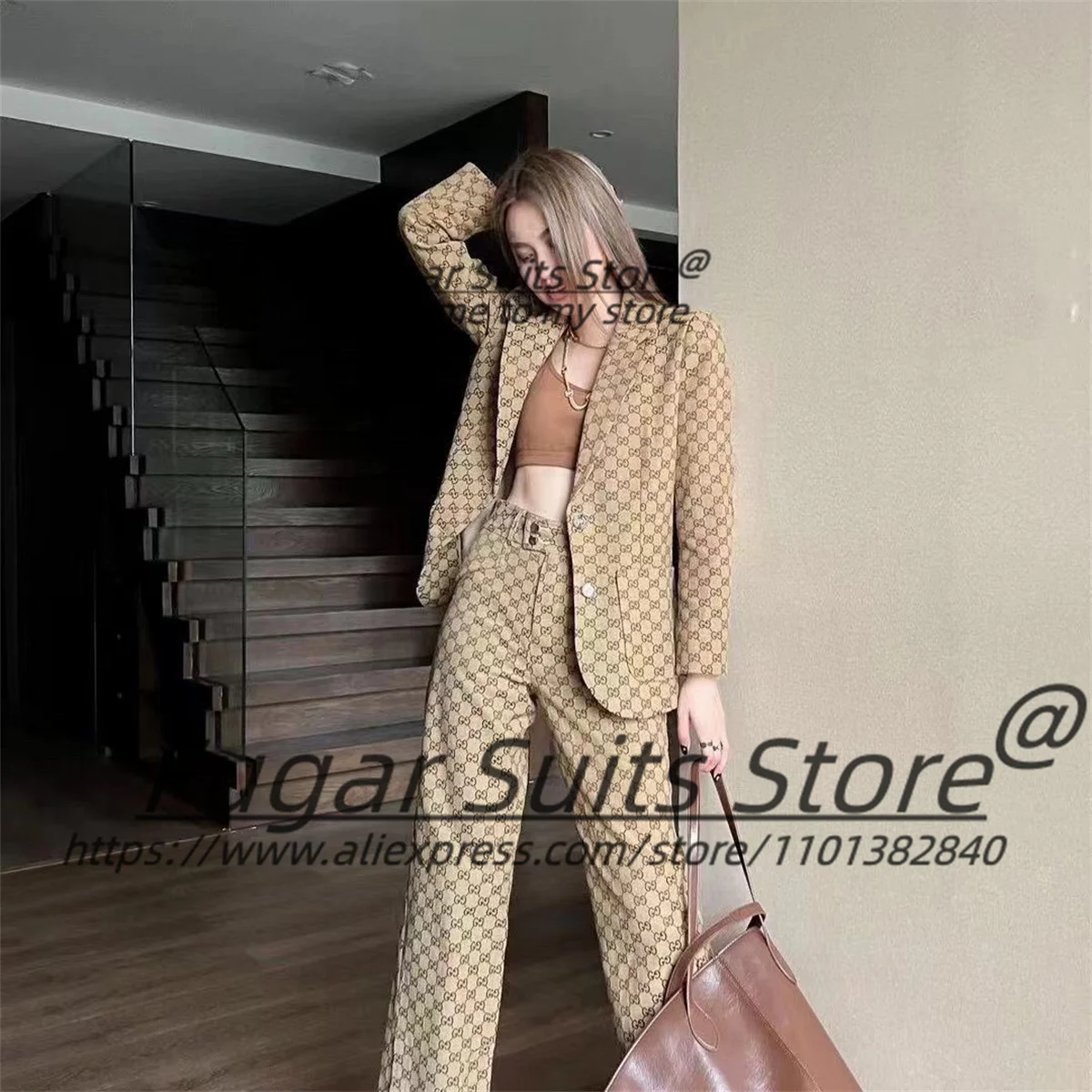 High-end Brown Elegant Business Suits For Women Slim Fit Notched Lapel Prom Party 2 Pcs Sets Elegant Male Blazers Costume Homme