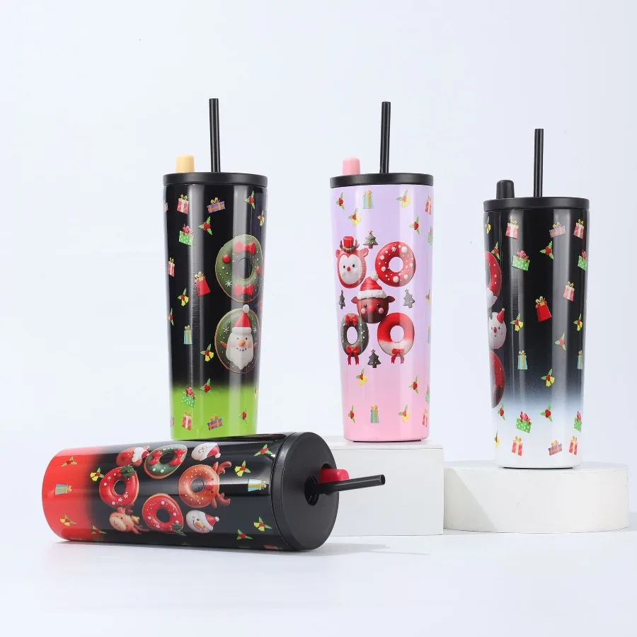 

Christmas pattern printed stainless steel straw insulated water cup, large capacity, fashionable and trendy, ice-cold cup