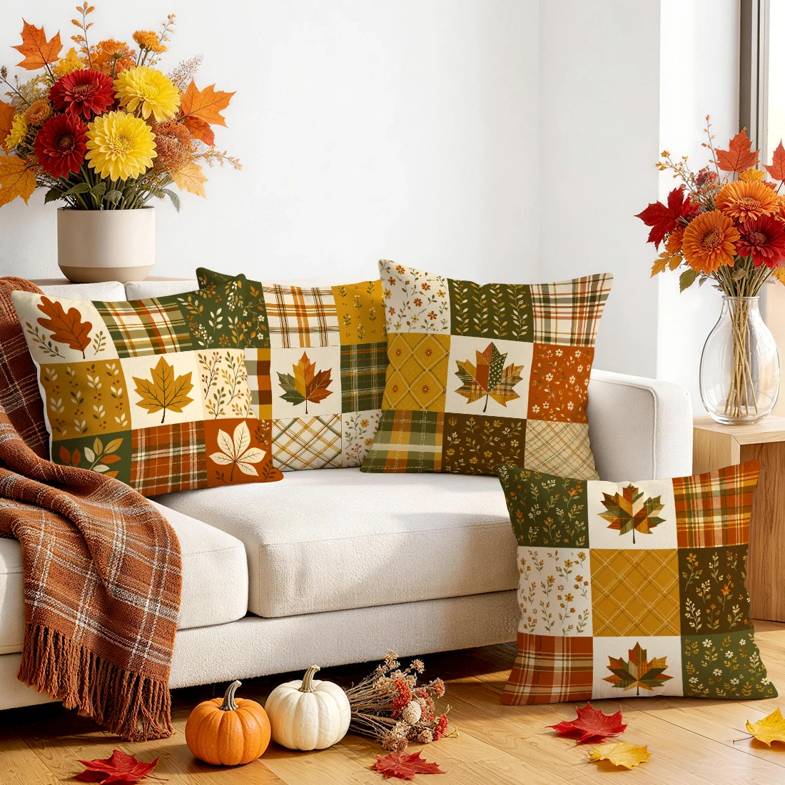 Autumn Harvest Maple Leaf Plaid Cushions Pillowcase Polyester Cushion Cover Throw Pillow Pillowcover Home Car Sofa Decor
