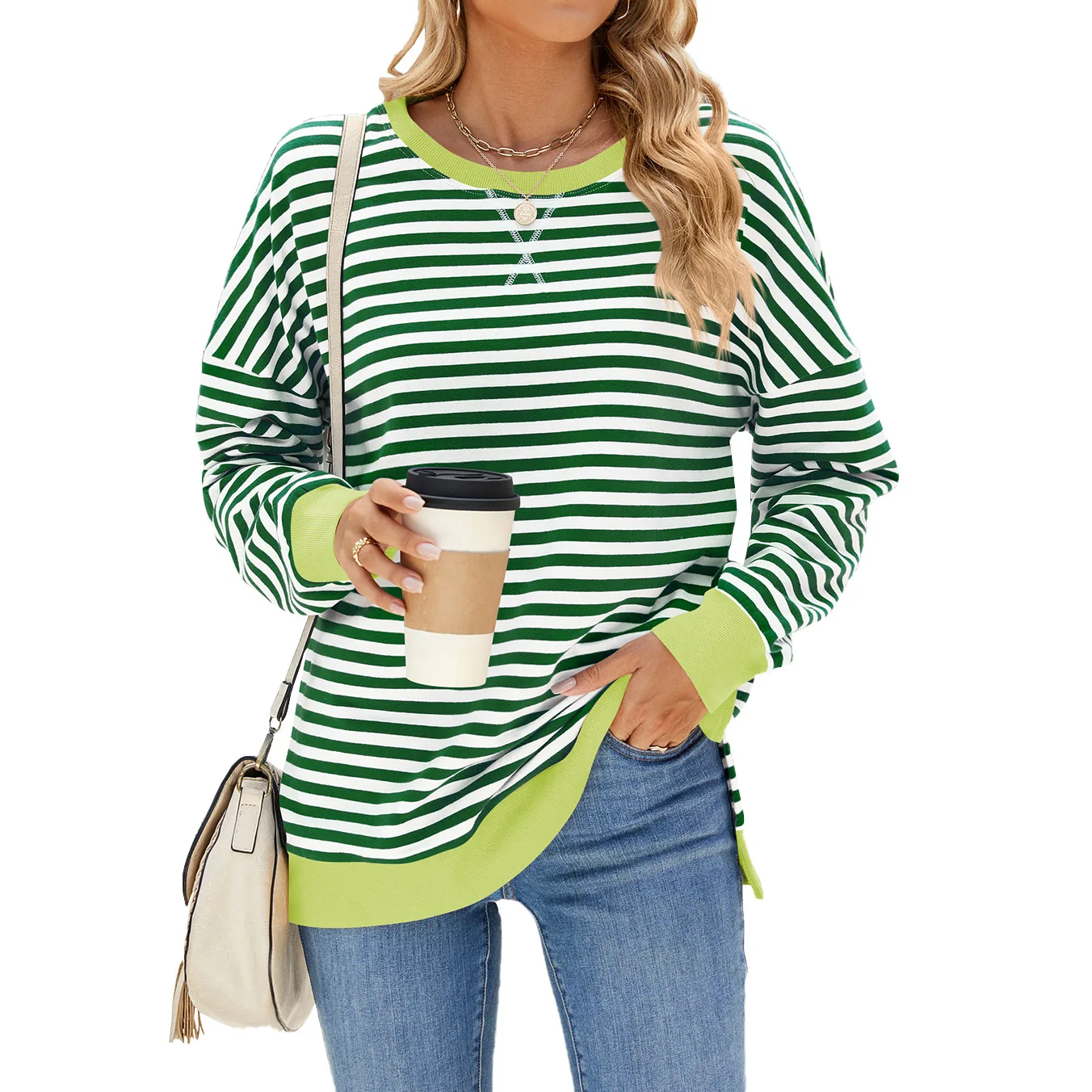 Autumn and Winter Casual Contrasting Colors Round Neck Split Fork Long Sleeve Loose Striped Sweater Women