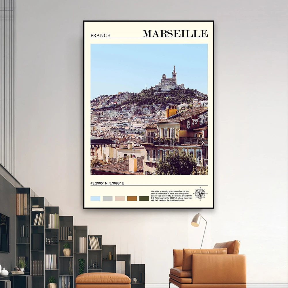 Marseille Poster Marseille Colorful Cityscape Wall Art Print Southern France Marseille Travel Canvas Painting Office Home Decor