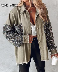 Contrast Sequin Raw Hem Shacket Women Jackets & Coats Tops