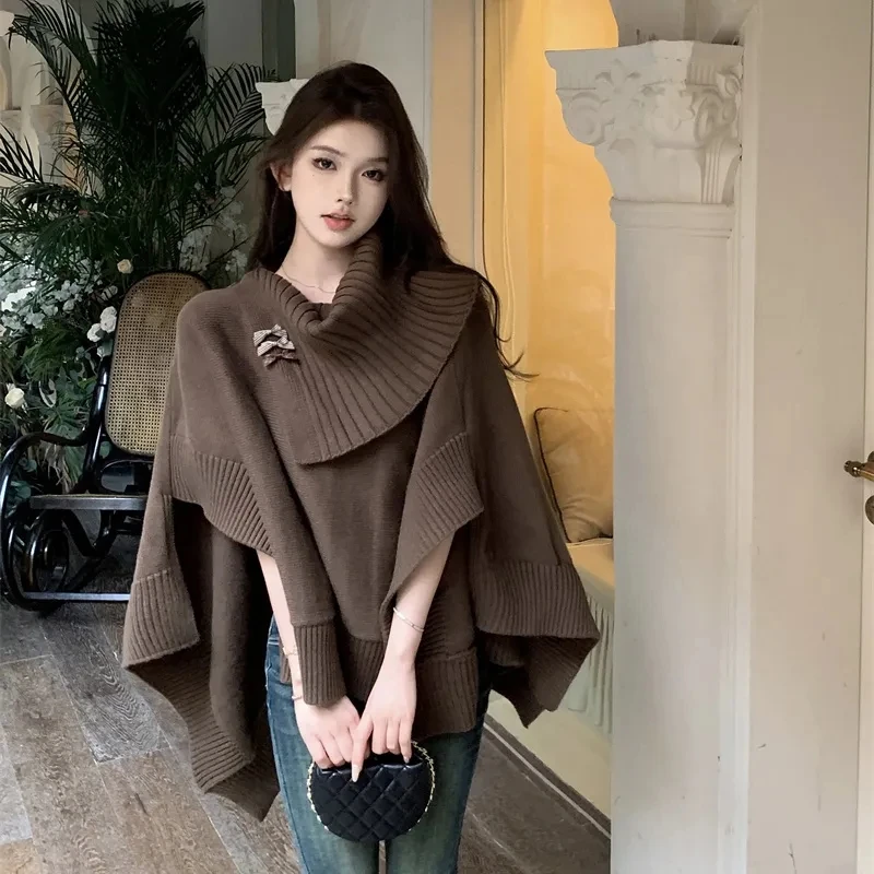 Women Autumn Winter Fashion Bowknot Cloak Sweater Skirts 1 or Two Piece Set England Style Chic Brown Knit Tops Skirt Outfits